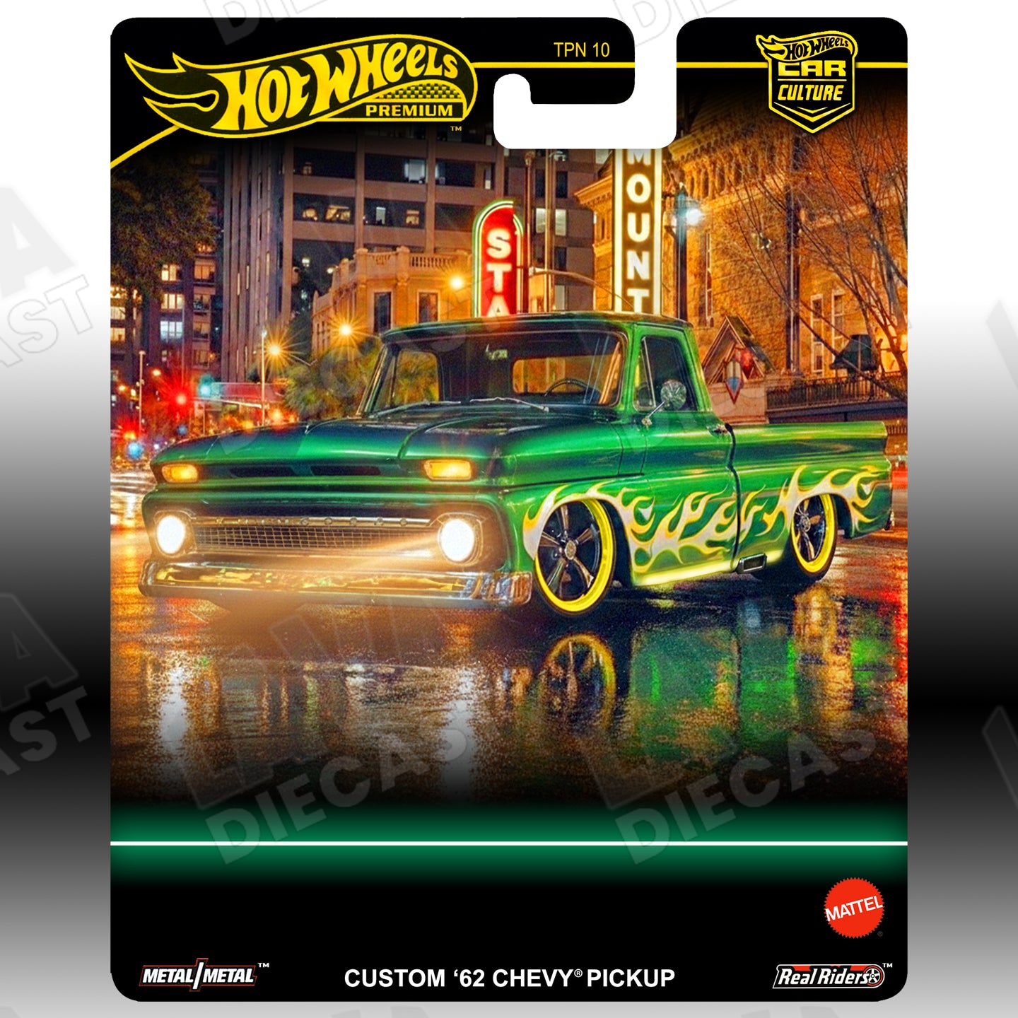 Green ’62 Chevy Pickup w/ Yellow Flames (Multi 3-Pack Exclusive) | Custom Hot Wheels Premium Card 1:64