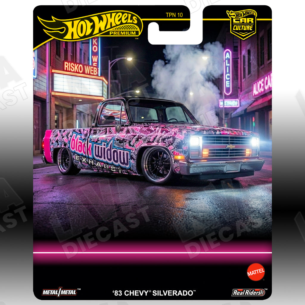 Hot Wheels ’83 Chevy Silverado Black Widow Edition | Custom Hot Wheels Premium Card 1:64